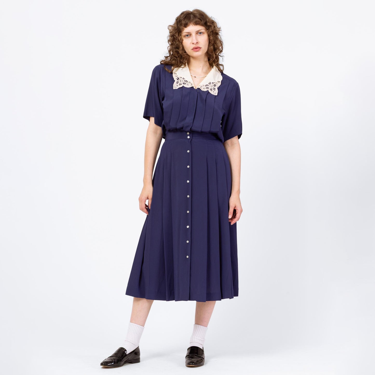 Vintage 90s Navy Blue Lace Collar Blouson Shirtdress - Medium