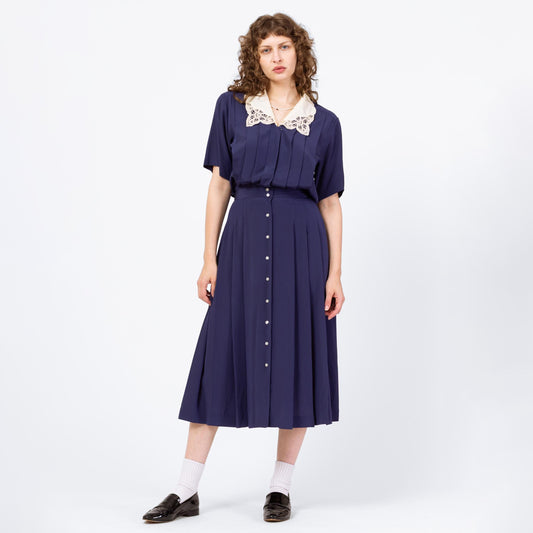 Vintage 90s Navy Blue Lace Collar Blouson Shirtdress - Medium