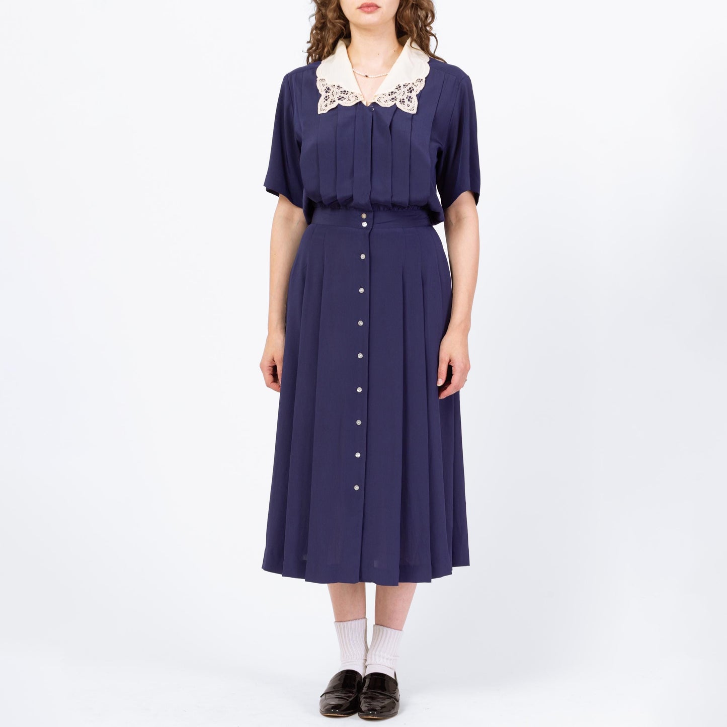 Vintage 90s Navy Blue Lace Collar Blouson Shirtdress - Medium