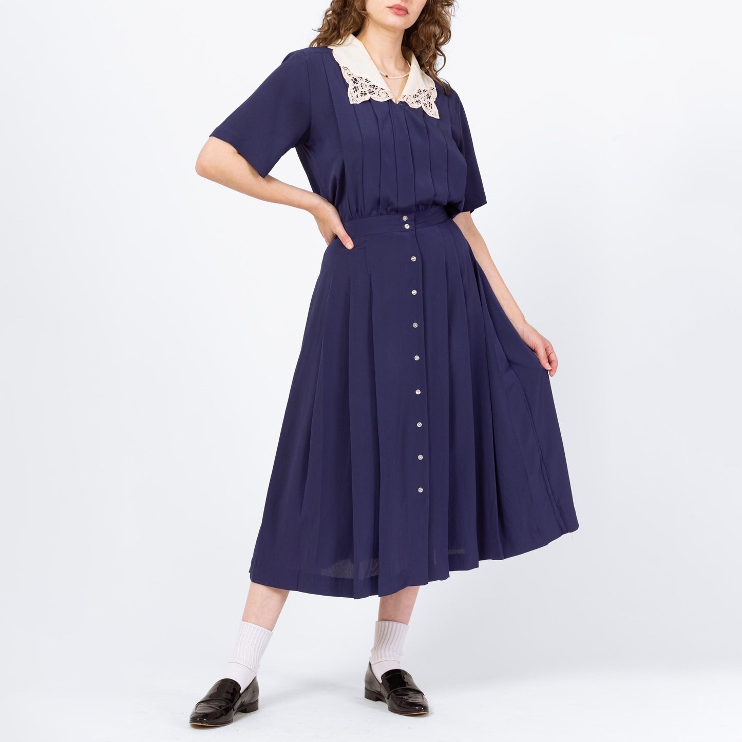 Vintage 90s Navy Blue Lace Collar Blouson Shirtdress - Medium