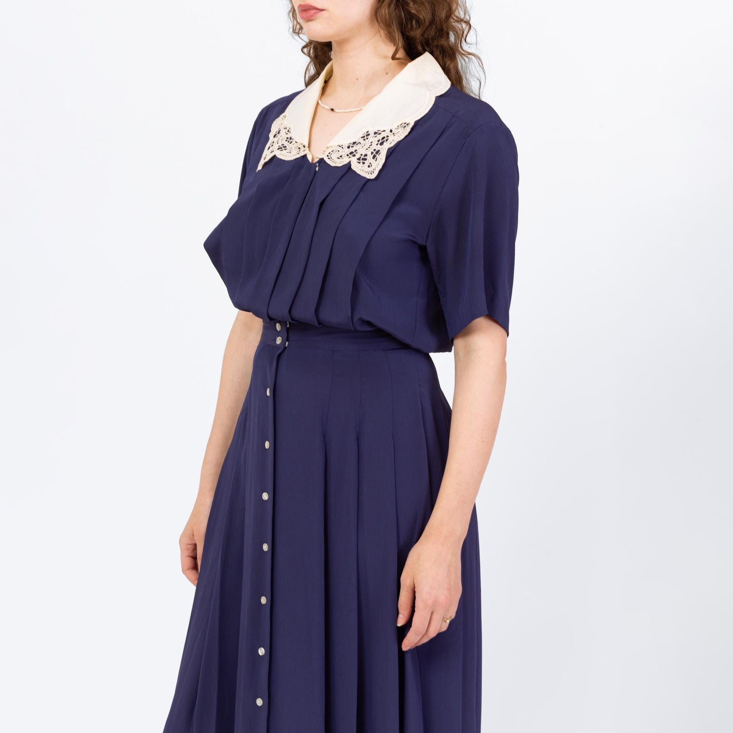 Vintage 90s Navy Blue Lace Collar Blouson Shirtdress - Medium