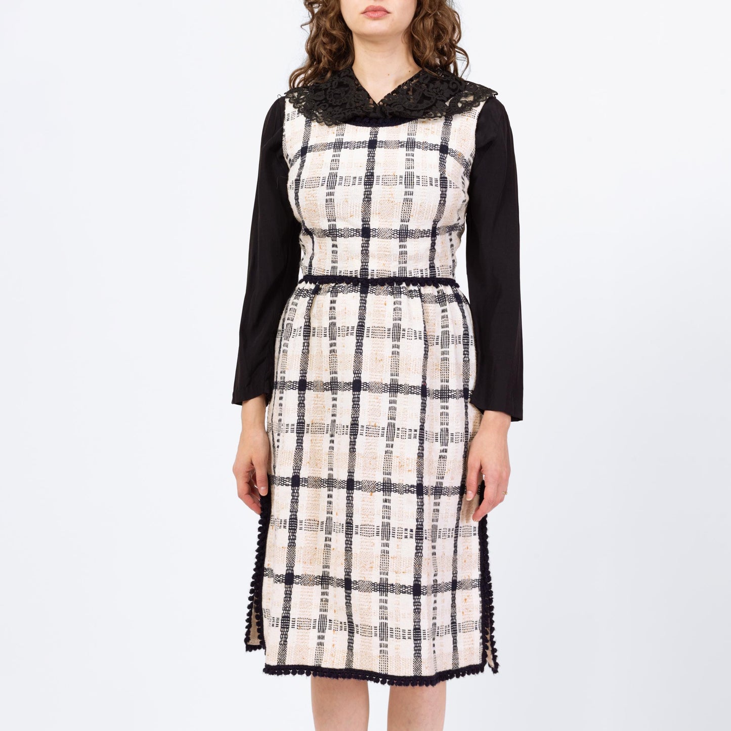 Vintage 60s Plaid Knit Sleeveless Midi Dress - Small