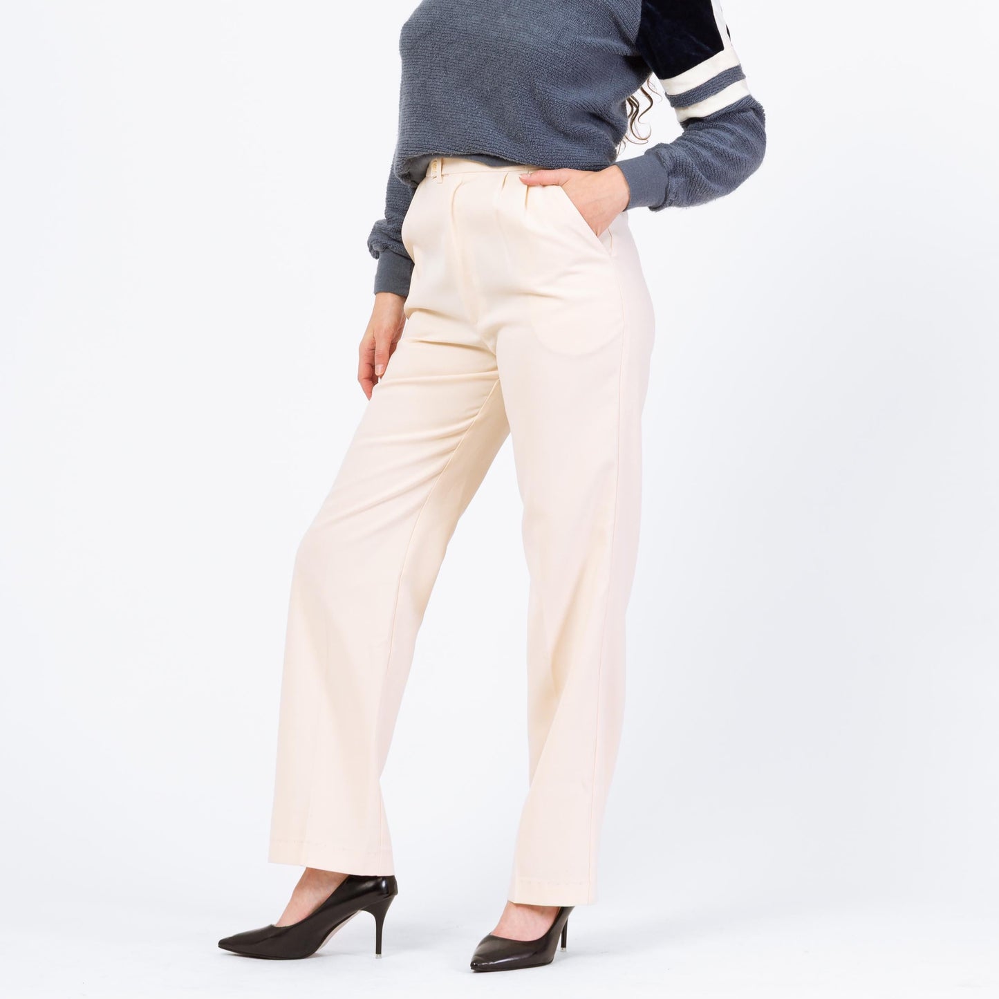 Vintage 90s Minimalist Cream High Waisted Trousers - Medium, 28" Waist