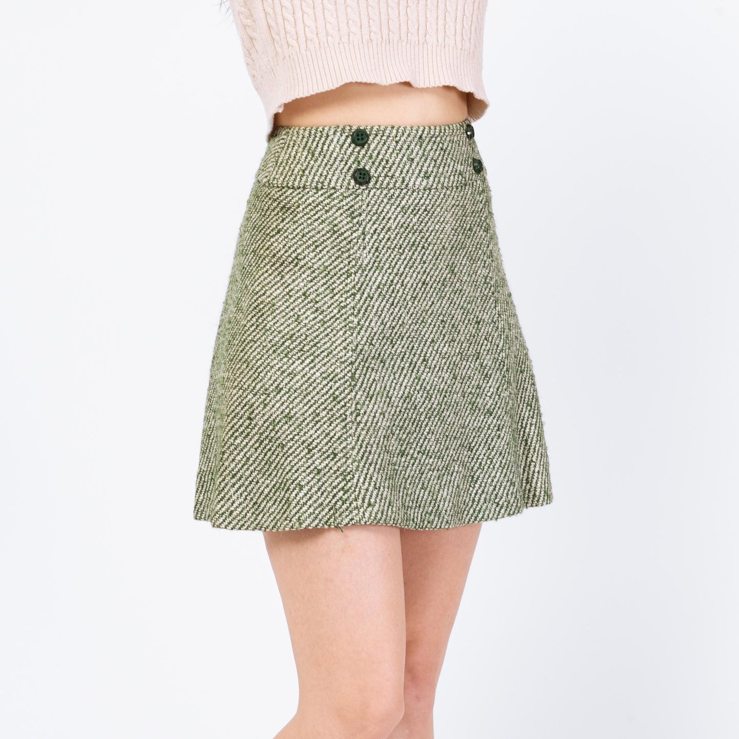 Vintage 70s Mod Green Tweed Mini Skirt - Extra Small, 24" Waist