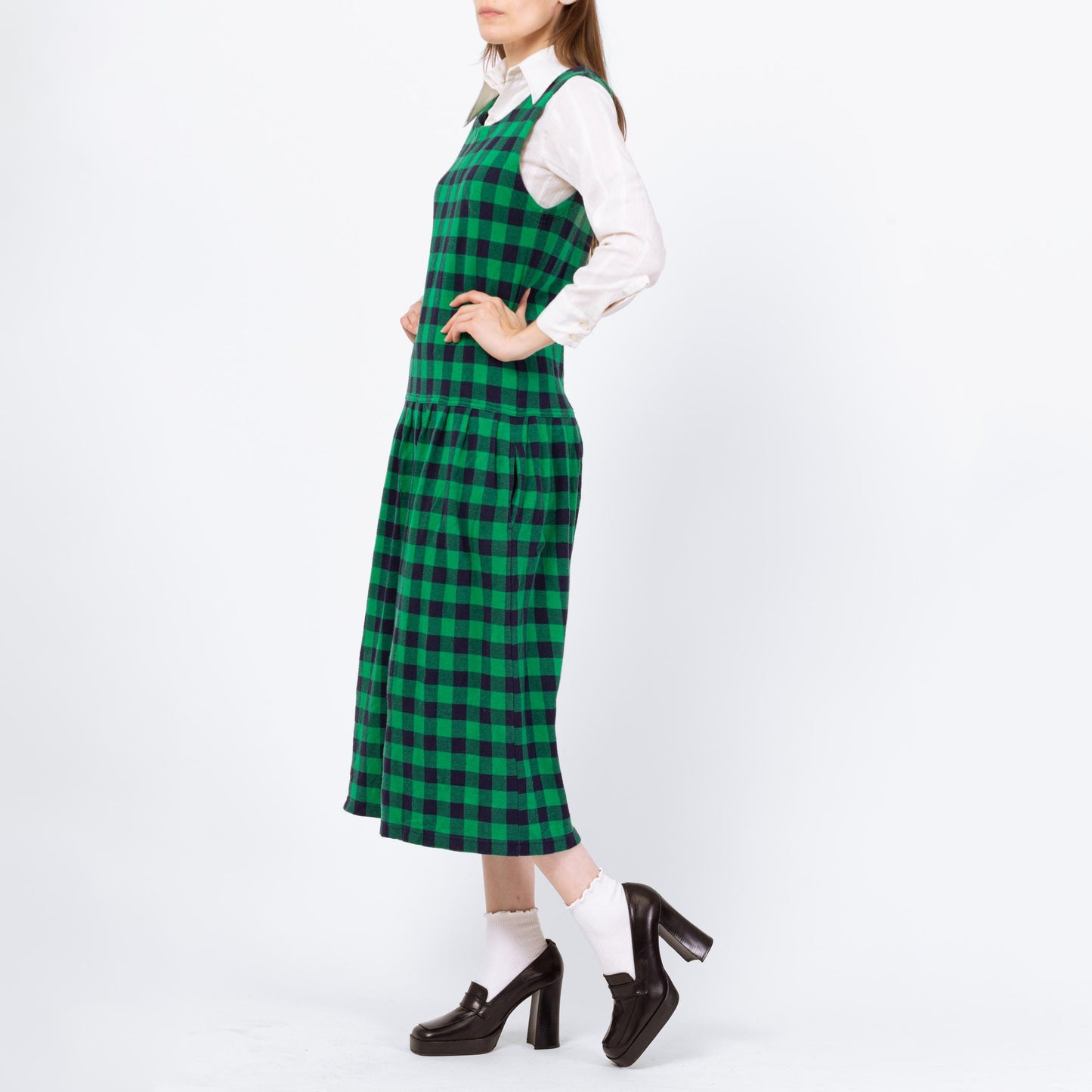 Vintage 90s Izod Green Gingham Pinafore Midi Dress - Small
