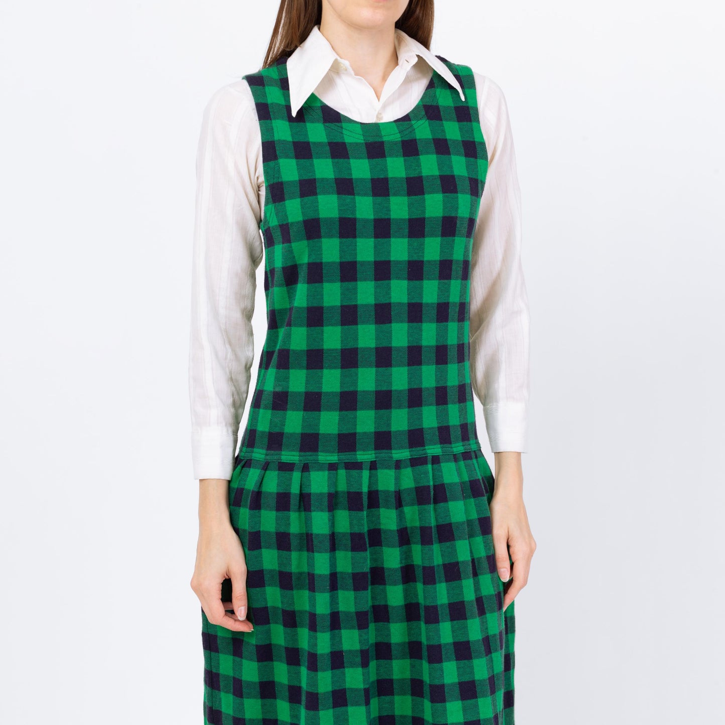Vintage 90s Izod Green Gingham Pinafore Midi Dress - Small