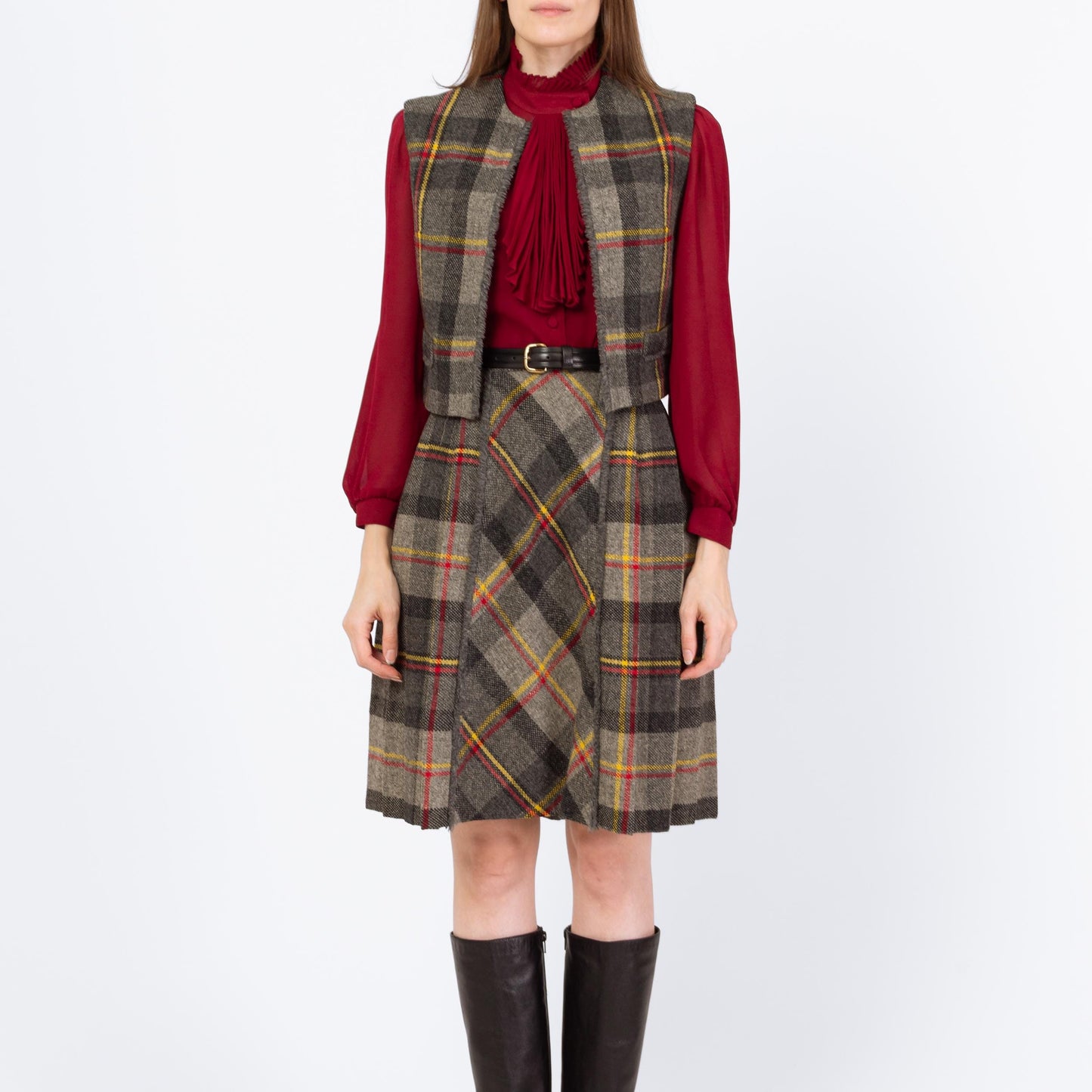 Vintage 60s Preppy Plaid Mini Skirt & Vest Set - Extra Small