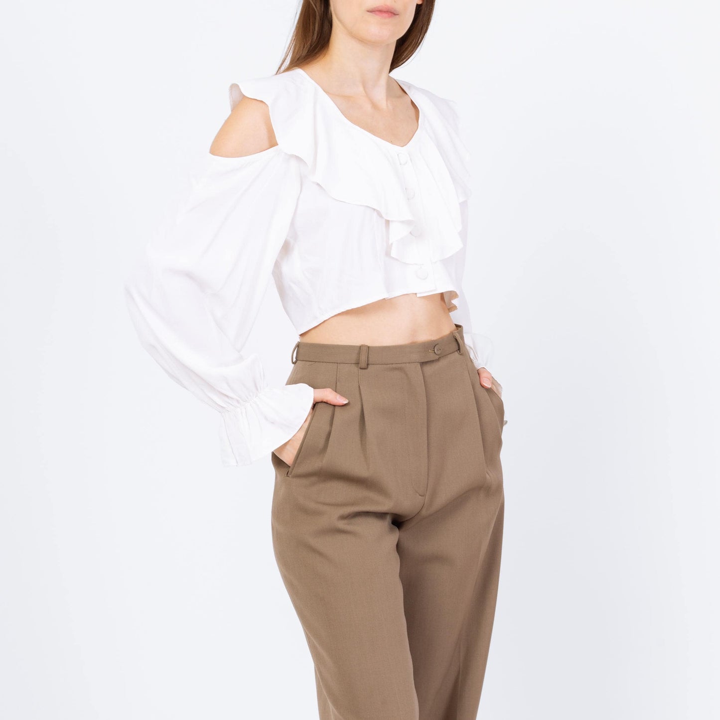 Vintage 80s White Cold Shoulder Crop Top - Small