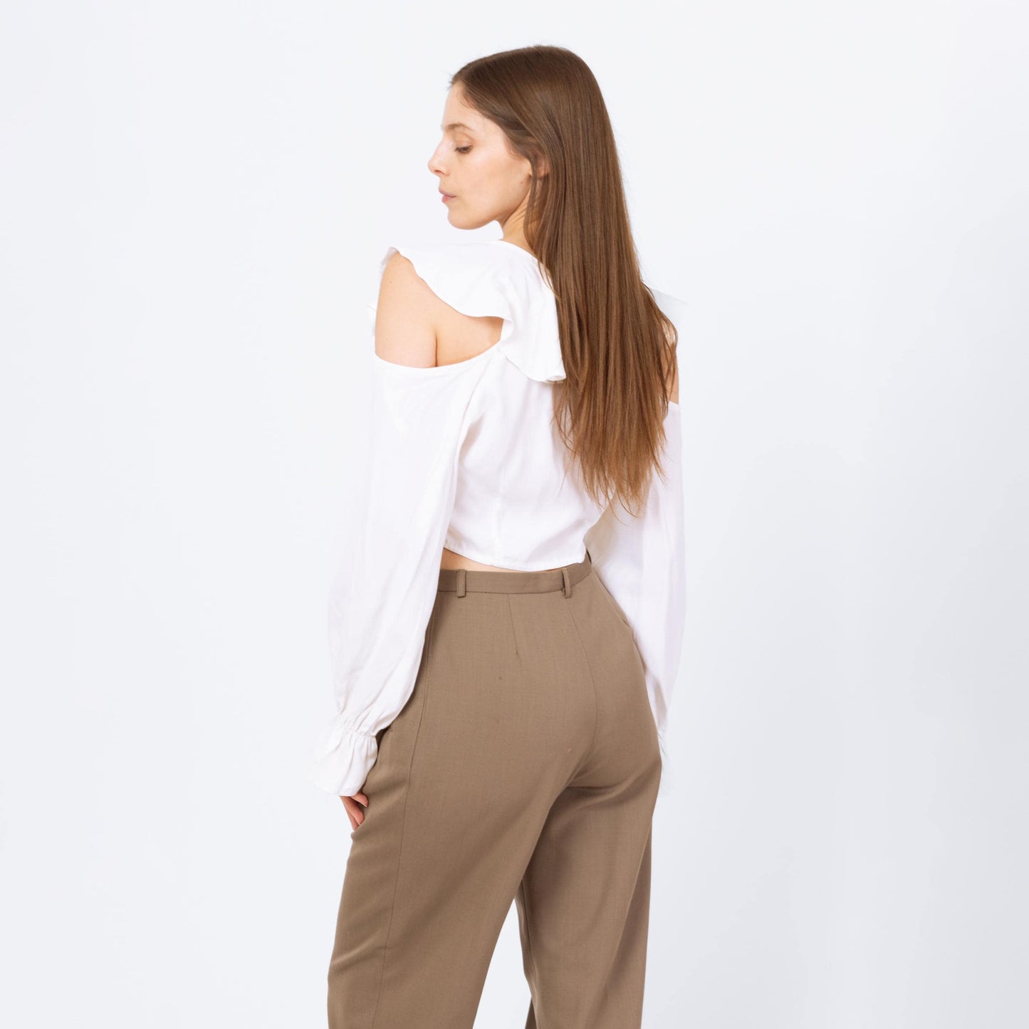 Vintage 80s White Cold Shoulder Crop Top - Small