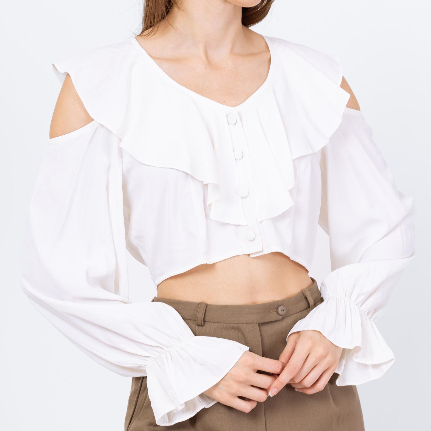 Vintage 80s White Cold Shoulder Crop Top - Small