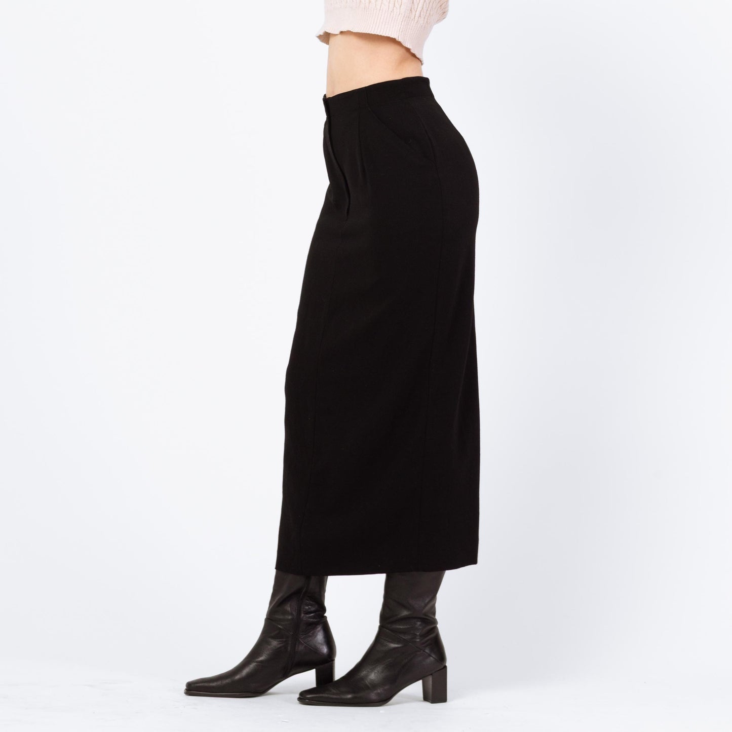 Vintage 90s Black Wool Maxi Pencil Skirt - Small, 26" Waist