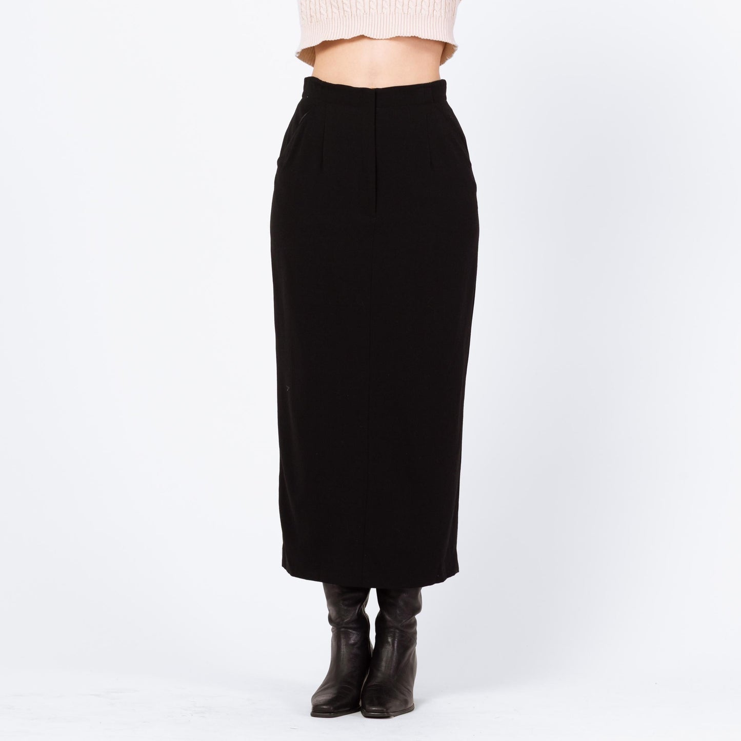 Vintage 90s Black Wool Maxi Pencil Skirt - Small, 26" Waist