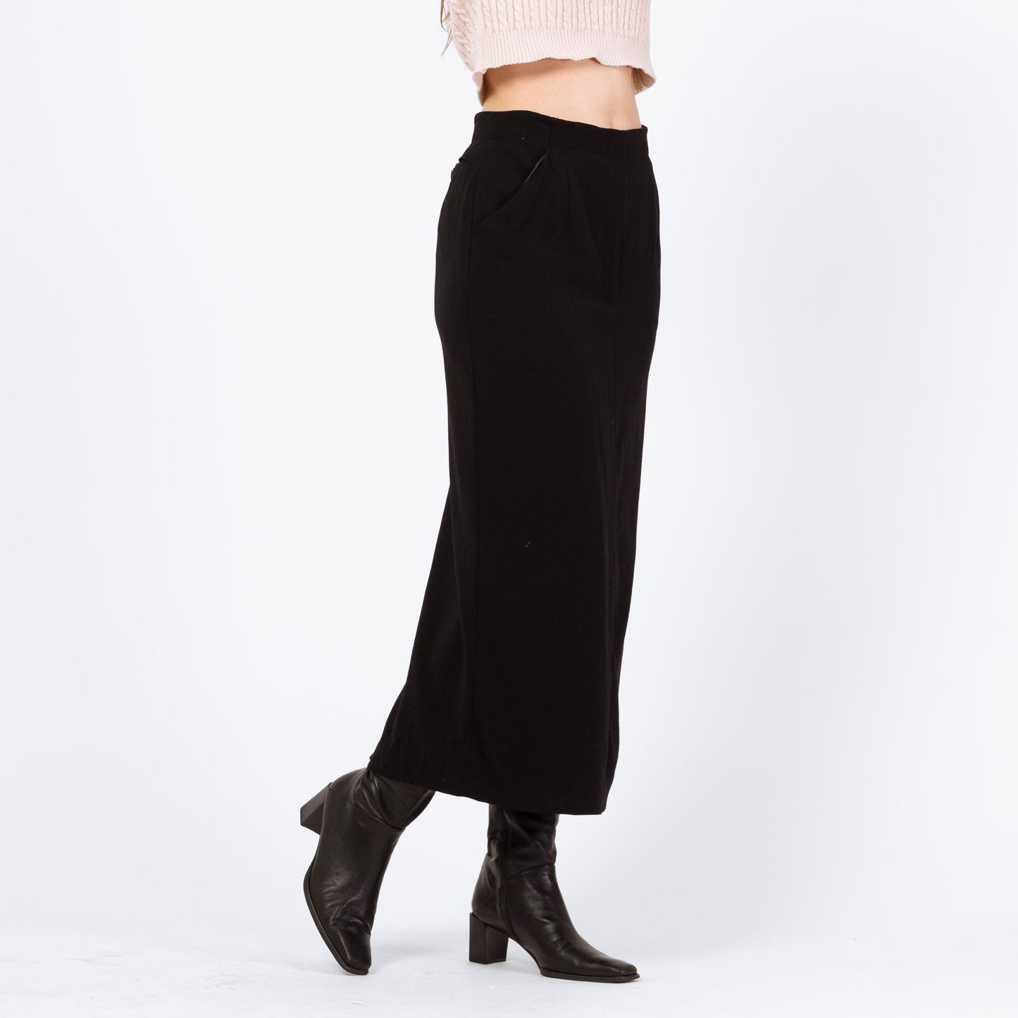 Vintage 90s Black Wool Maxi Pencil Skirt - Small, 26" Waist