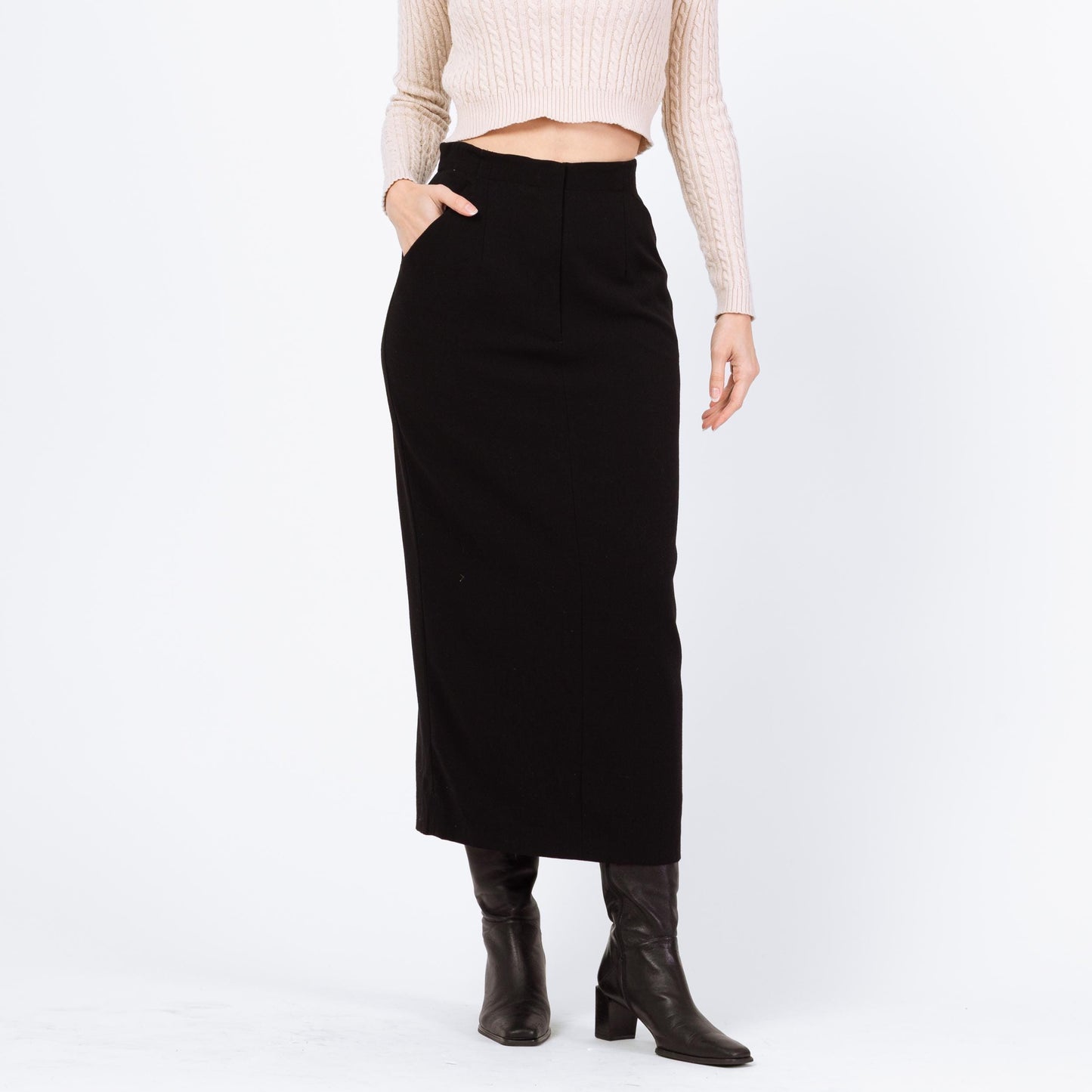 Vintage 90s Black Wool Maxi Pencil Skirt - Small, 26" Waist