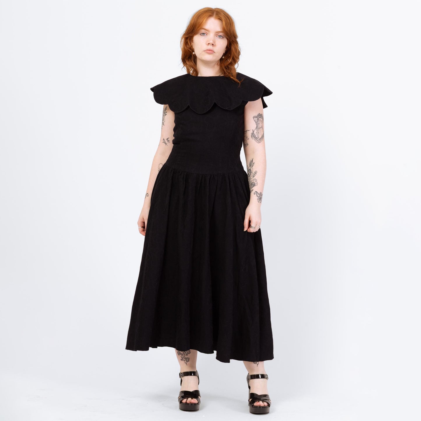 Vintage 80s Black Petal Collar Low Back Dress - Large