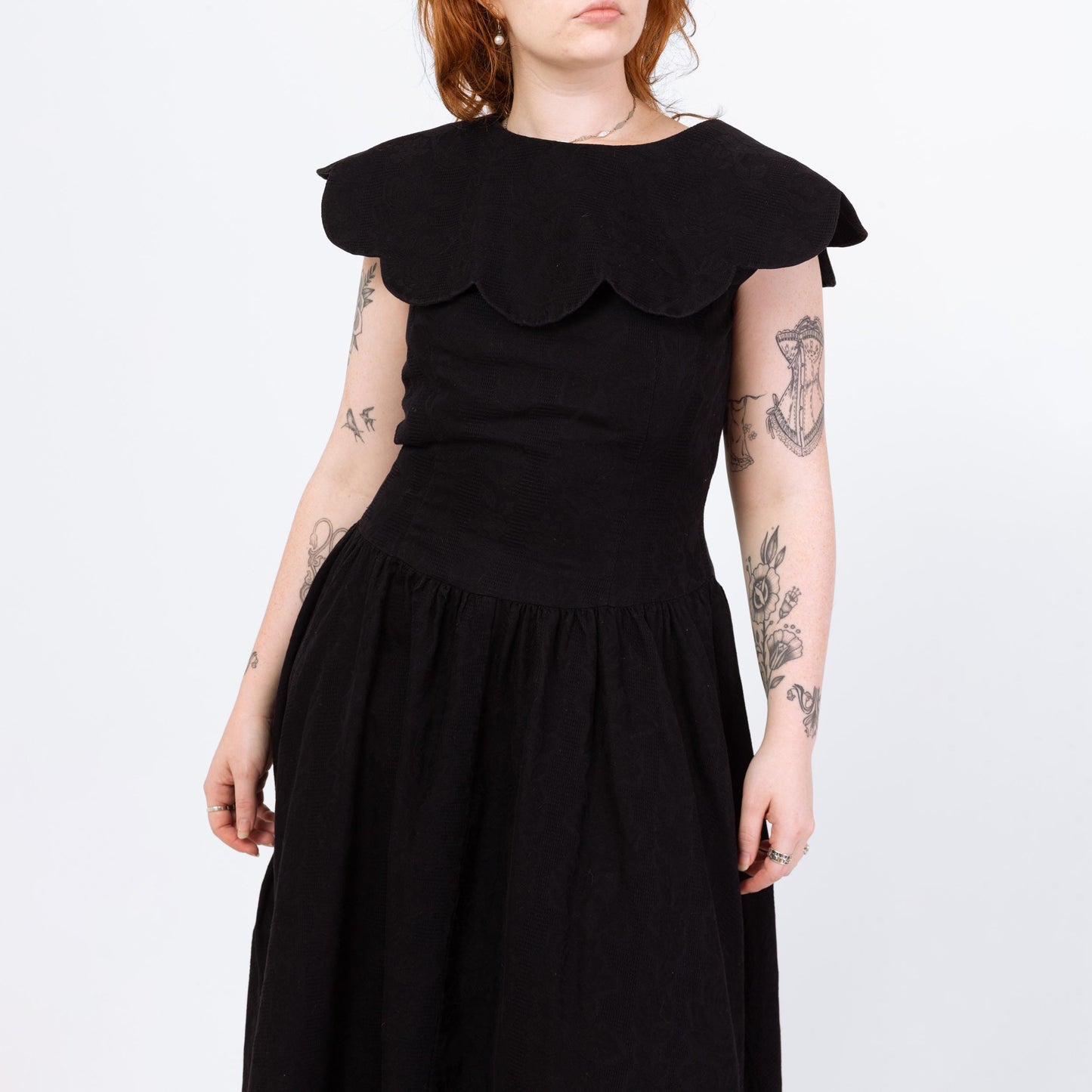 Vintage 80s Black Petal Collar Low Back Dress - Large