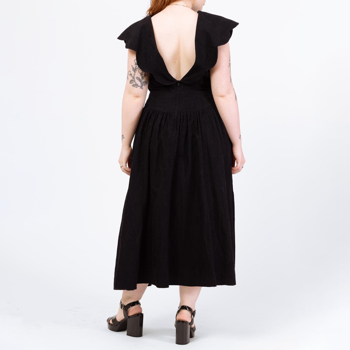 Vintage 80s Black Petal Collar Low Back Dress - Large