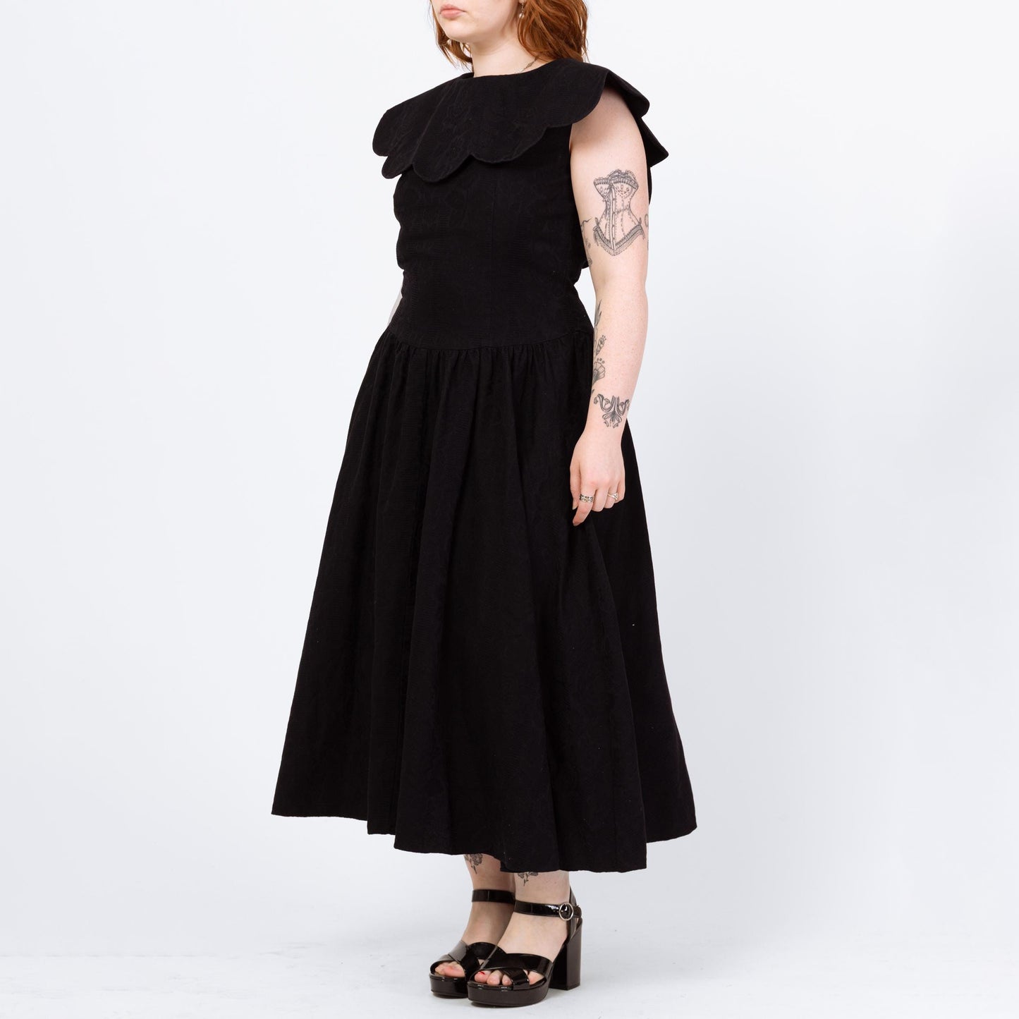 Vintage 80s Black Petal Collar Low Back Dress - Large