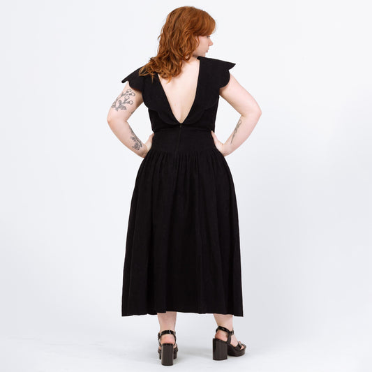 Vintage 80s Black Petal Collar Low Back Dress - Large