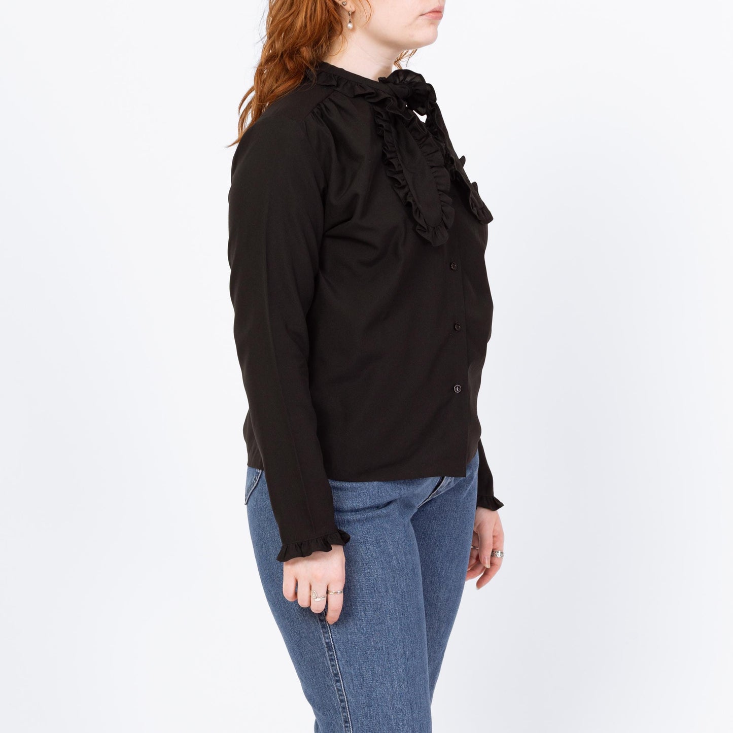 Vintage 70s Black Ascot Tie Blouse - Large