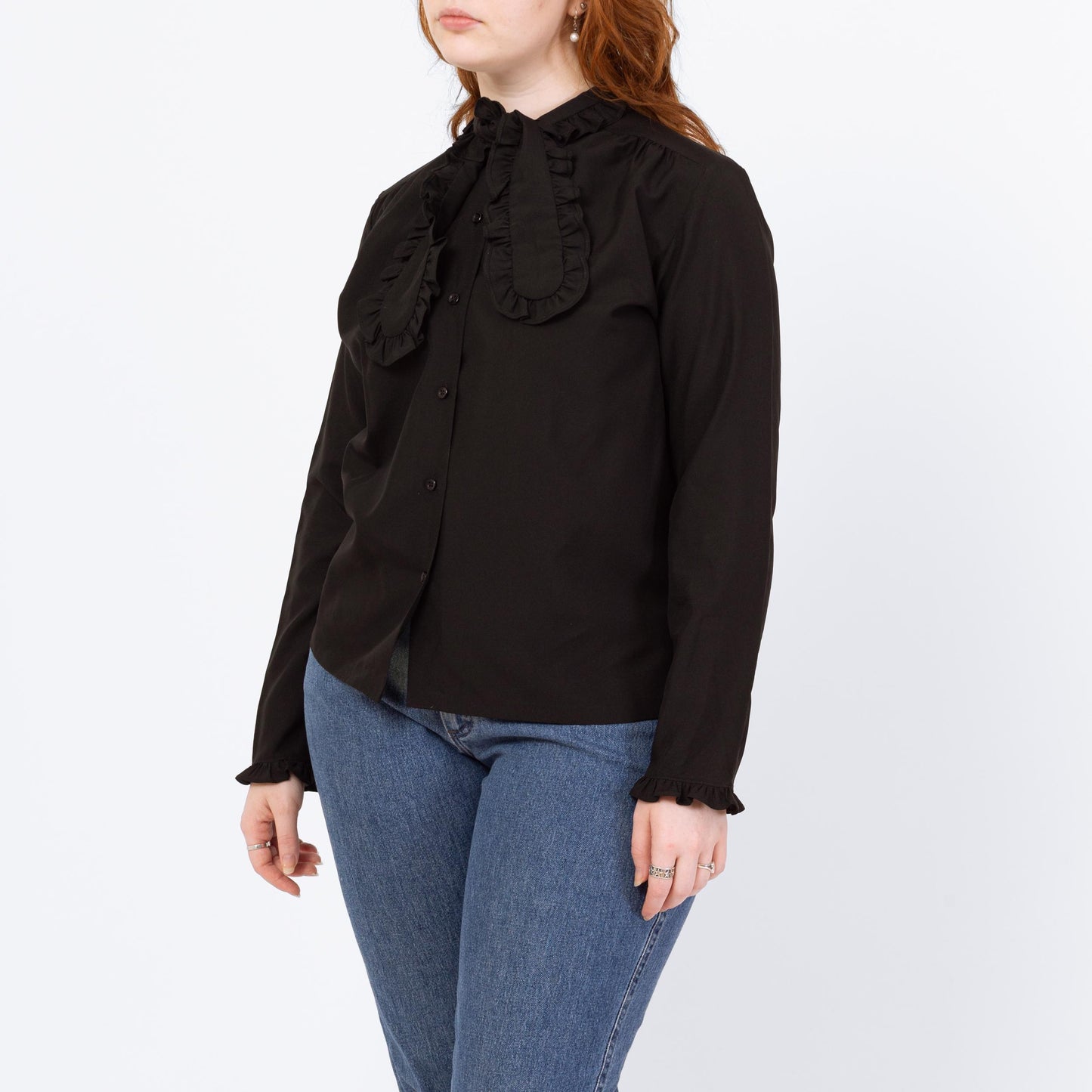 Vintage 70s Black Ascot Tie Blouse - Large