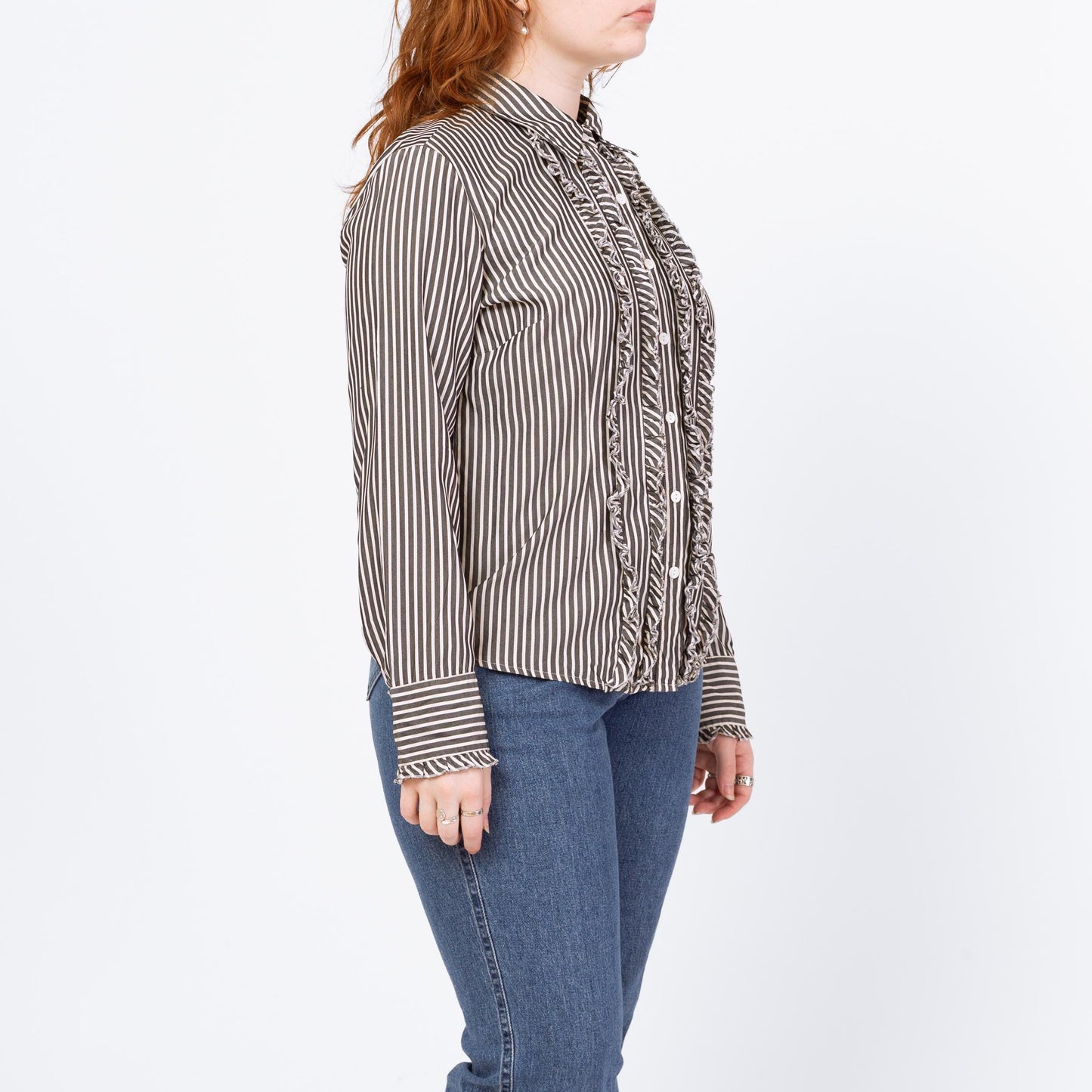 Vintage 90s Black & White Striped Silk Tuxedo Ruffle Blouse - Large