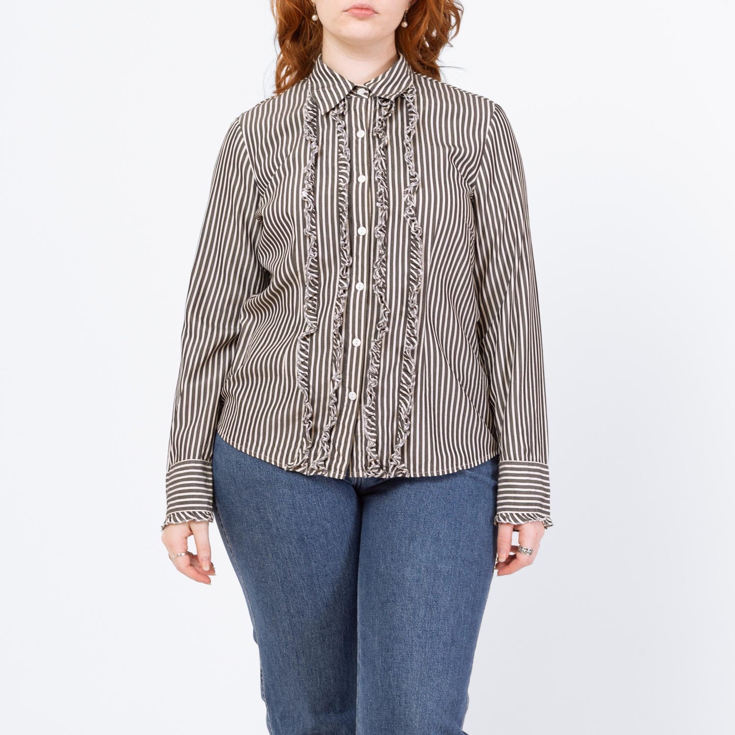 Vintage 90s Black & White Striped Silk Tuxedo Ruffle Blouse - Large