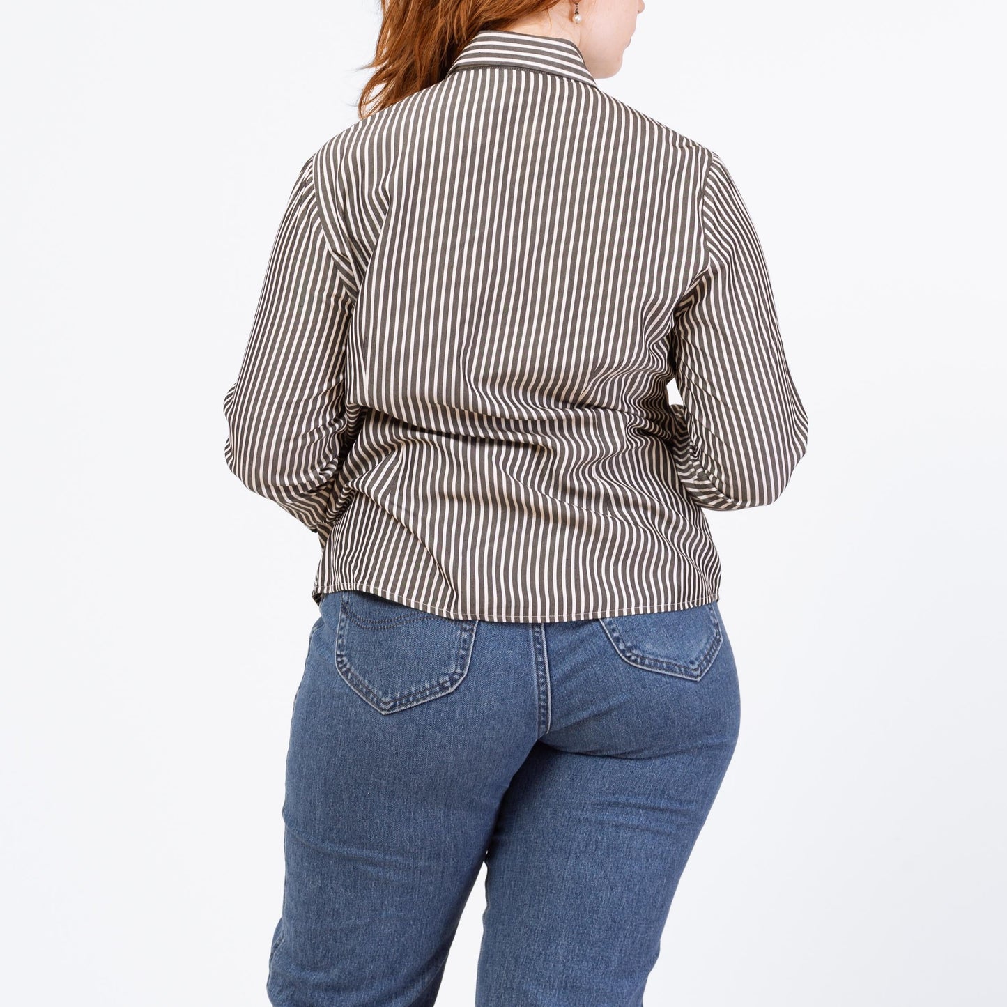 Vintage 90s Black & White Striped Silk Tuxedo Ruffle Blouse - Large