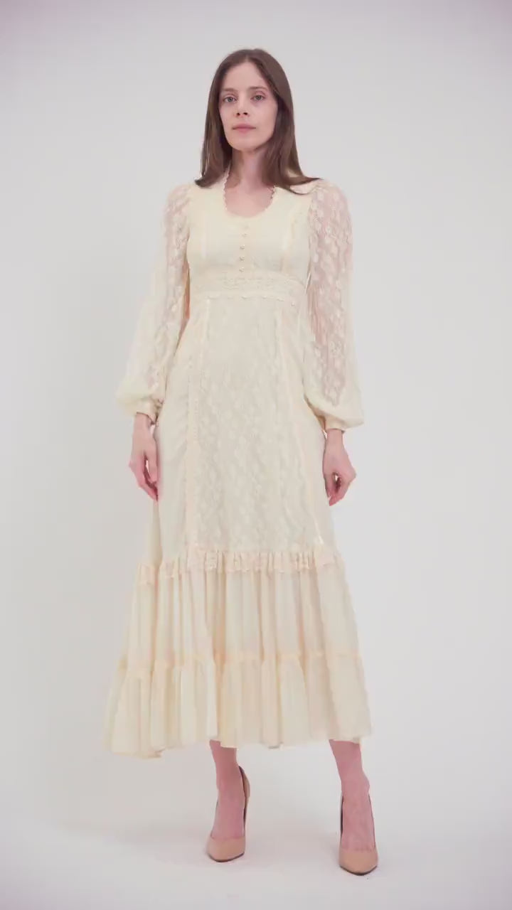 Vintage 70s Gunne Sax Cream Lace Prairie Maxi Dress - Extra Small