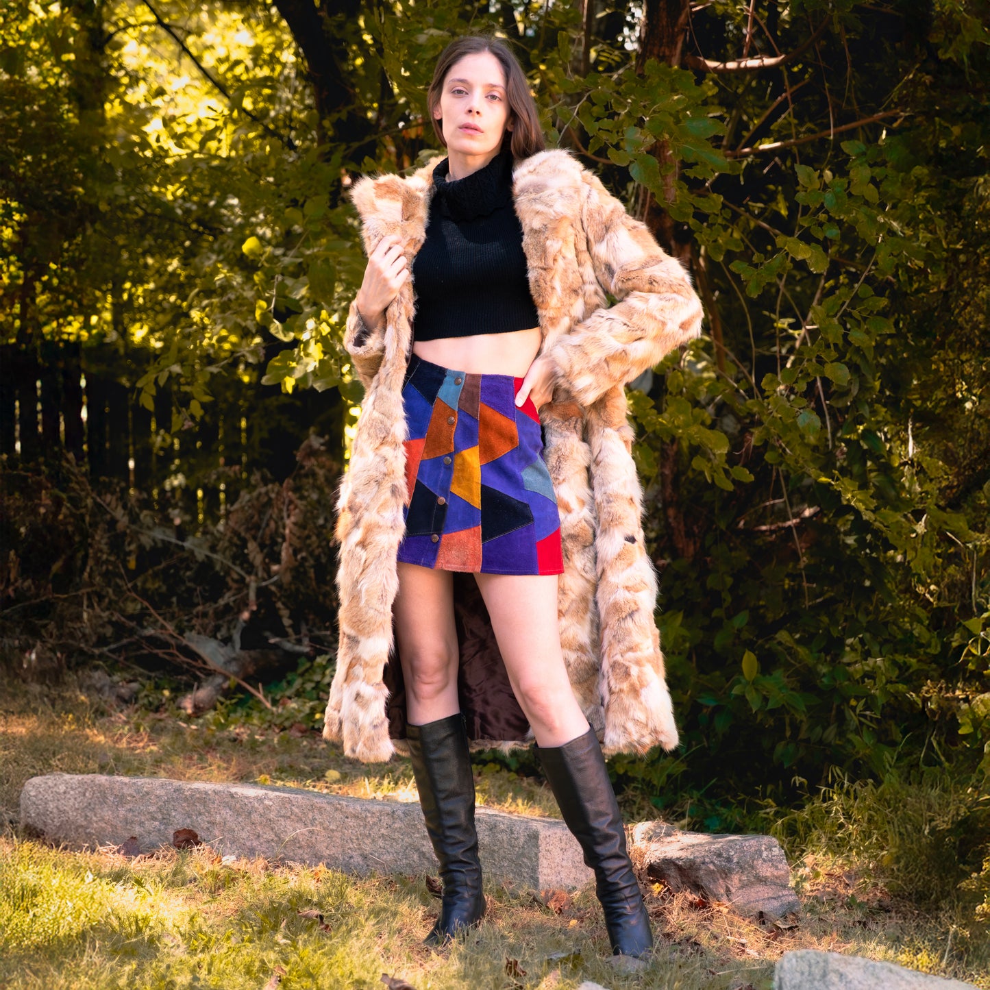 Vintage 70s Mosaic Rabbit Fur Belted Coat, As Is - Small