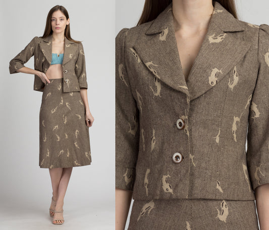 50s 60s Dolphin Print Blazer & Skirt Set - Extra Small | Vintage Tweed Button Up Novelty Matching Outfit