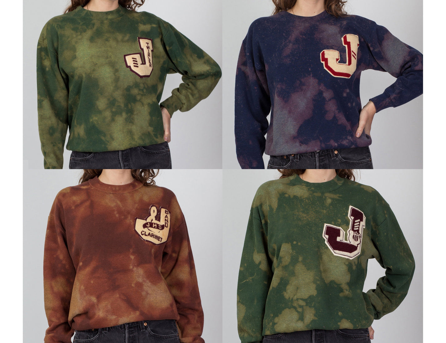 90s Ice Dye Varsity Patch Sweatshirts - Blue, Green, & Copper
