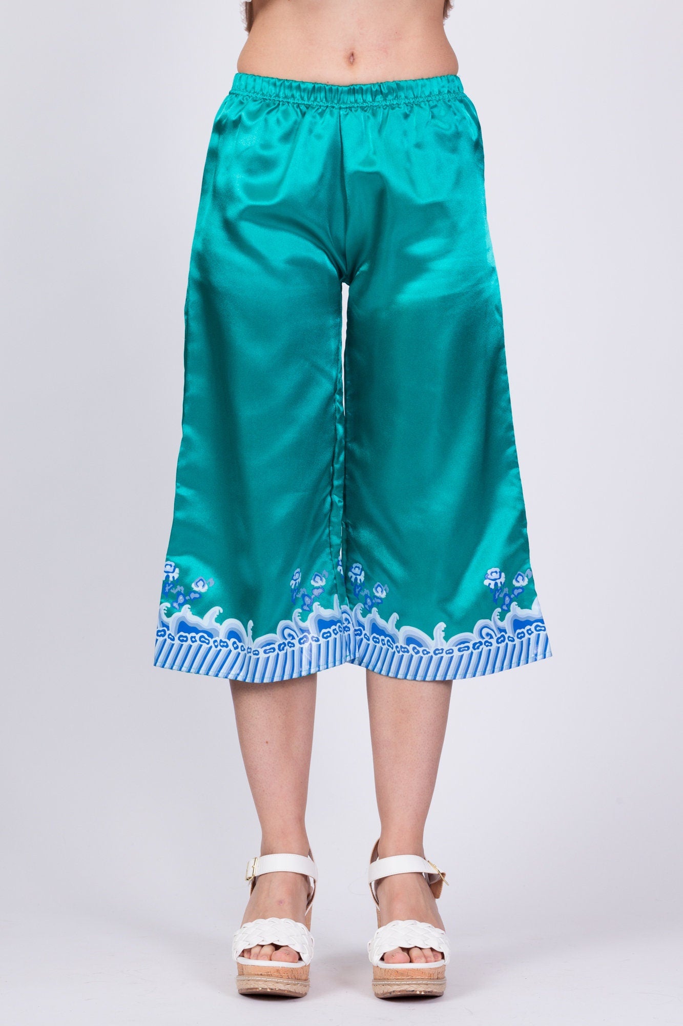 Vintage Teal Satin Wave Print Lounge Pants - Youth Small 