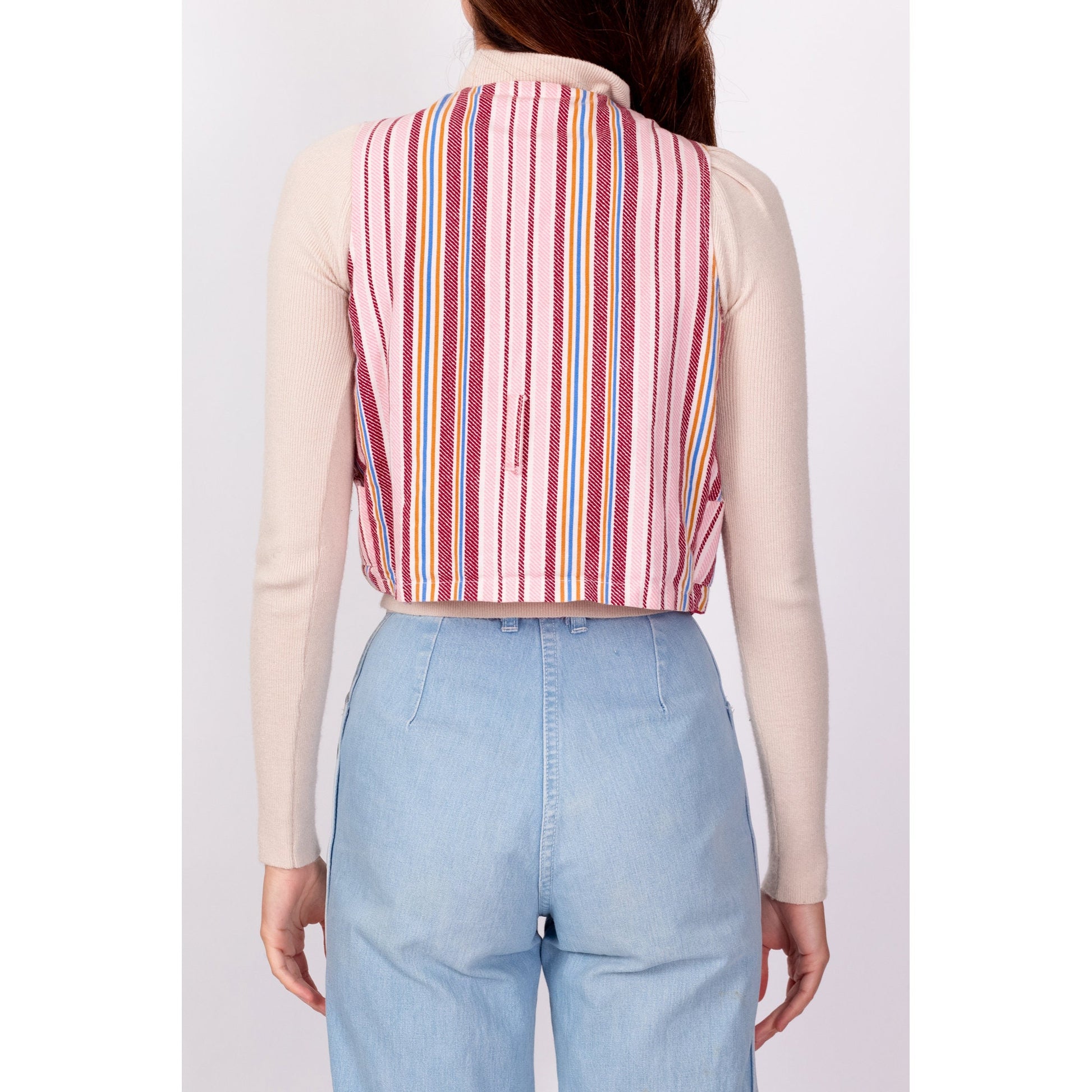 70s Striped Belted Crop Top Vest - Girl's Small 