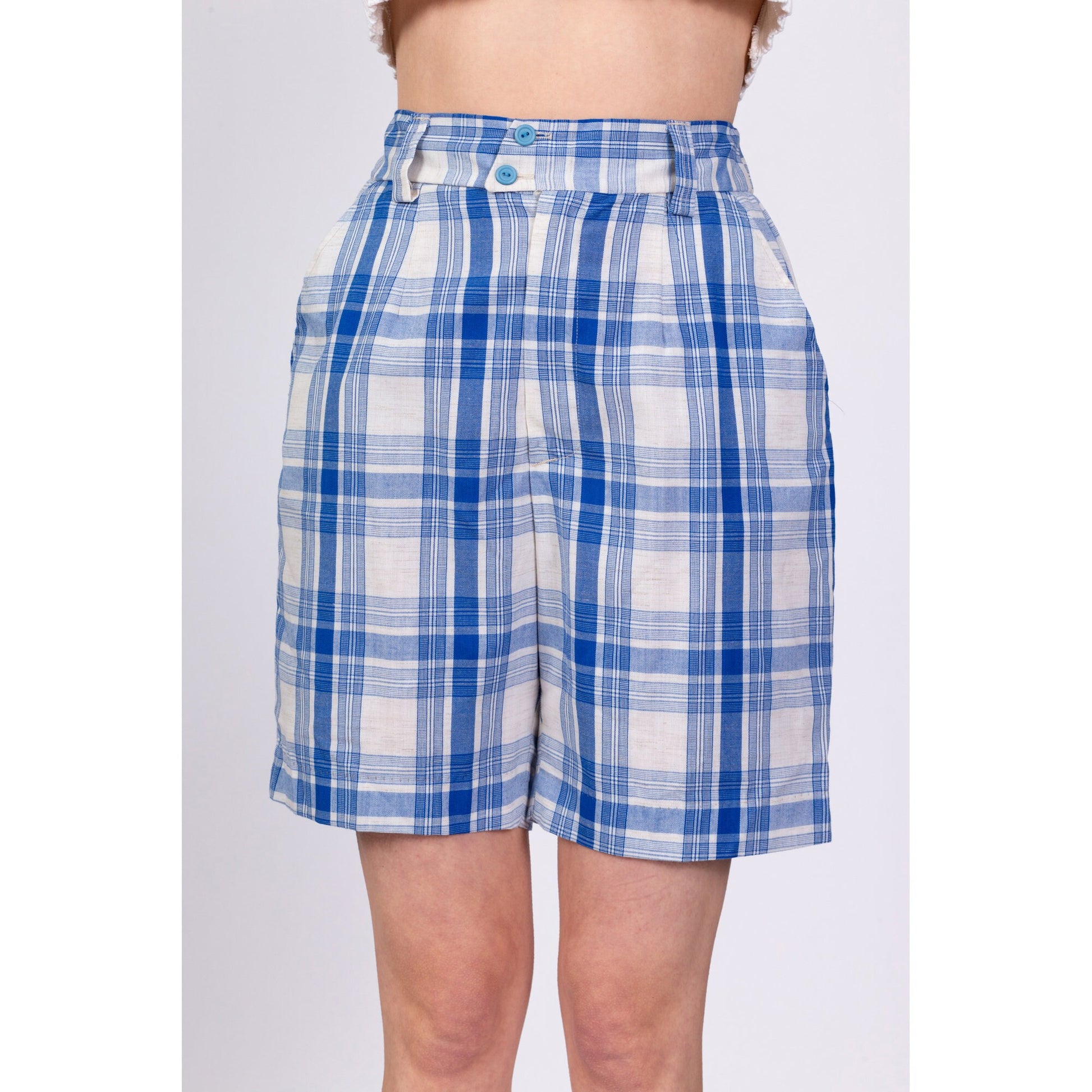 70s Blue & White Plaid Shorts - Medium