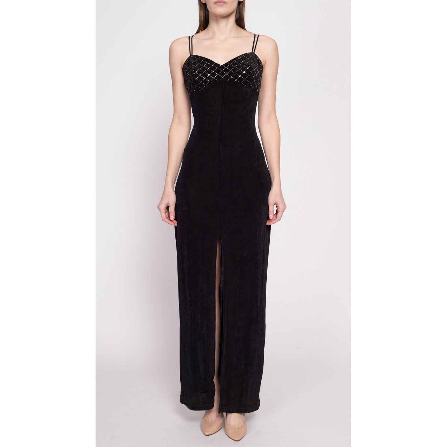 90s Slinky Black Metallic Trim High Slit Maxi Dress - Medium to Large