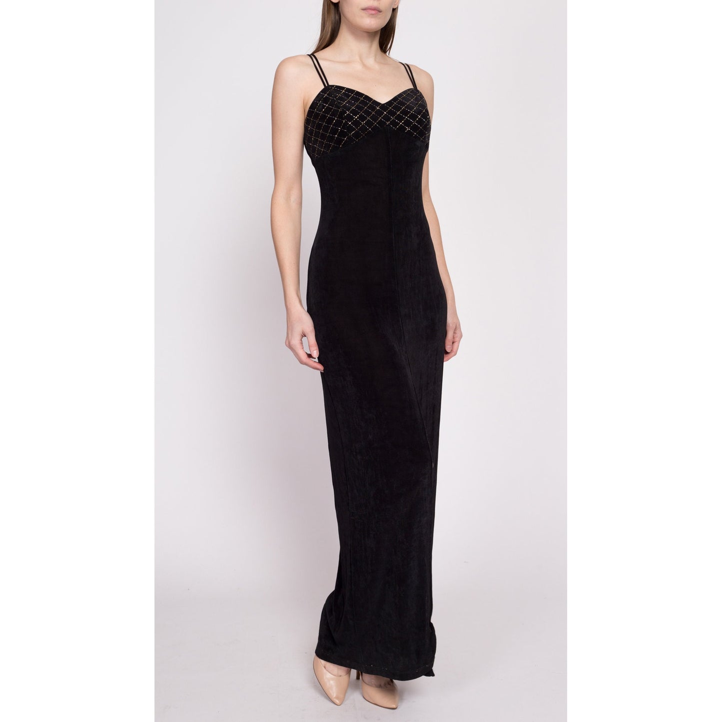 90s Slinky Black Metallic Trim High Slit Maxi Dress - Medium to Large
