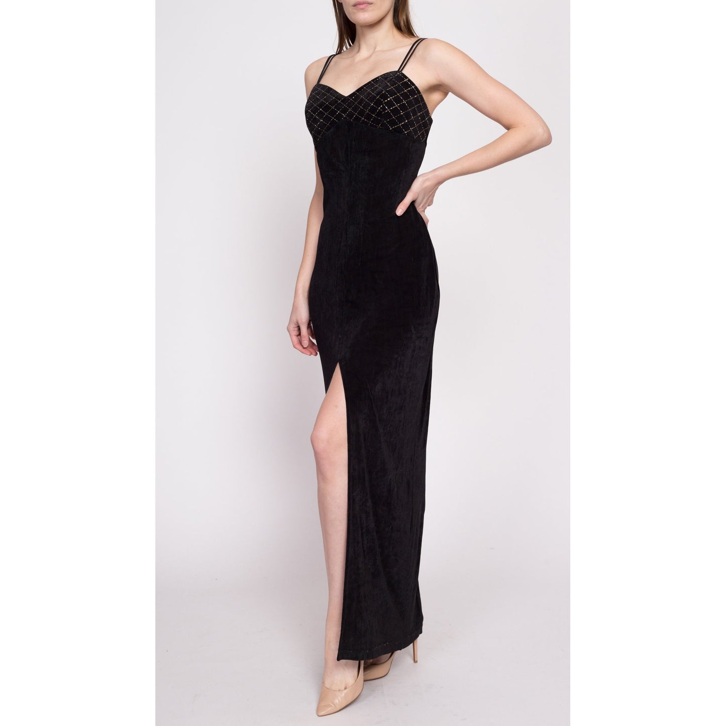 90s Slinky Black Metallic Trim High Slit Maxi Dress - Medium to Large