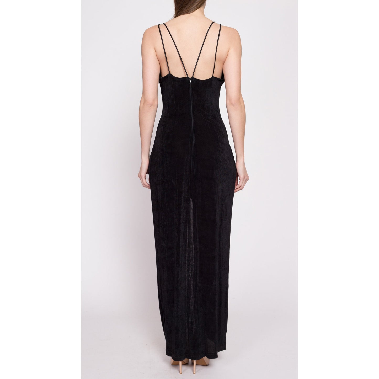 90s Slinky Black Metallic Trim High Slit Maxi Dress - Medium to Large