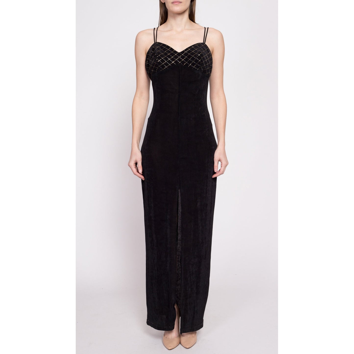 90s Slinky Black Metallic Trim High Slit Maxi Dress - Medium to Large
