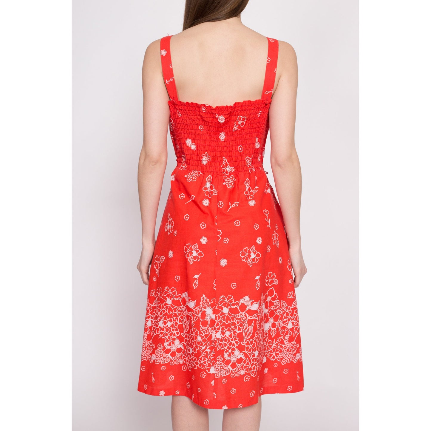 70s Red Orange Floral Fit & Flare Sundress - Medium | Vintage Boho Shirred Bodice Summer Pocket Midi Dress