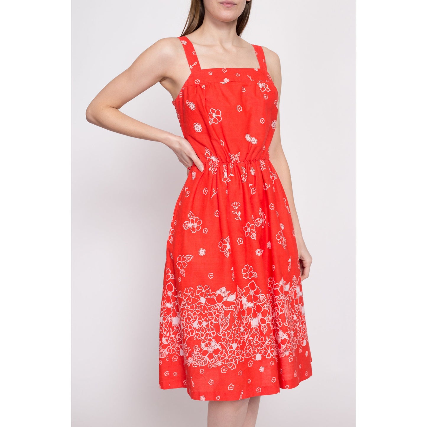 70s Red Orange Floral Fit & Flare Sundress - Medium | Vintage Boho Shirred Bodice Summer Pocket Midi Dress