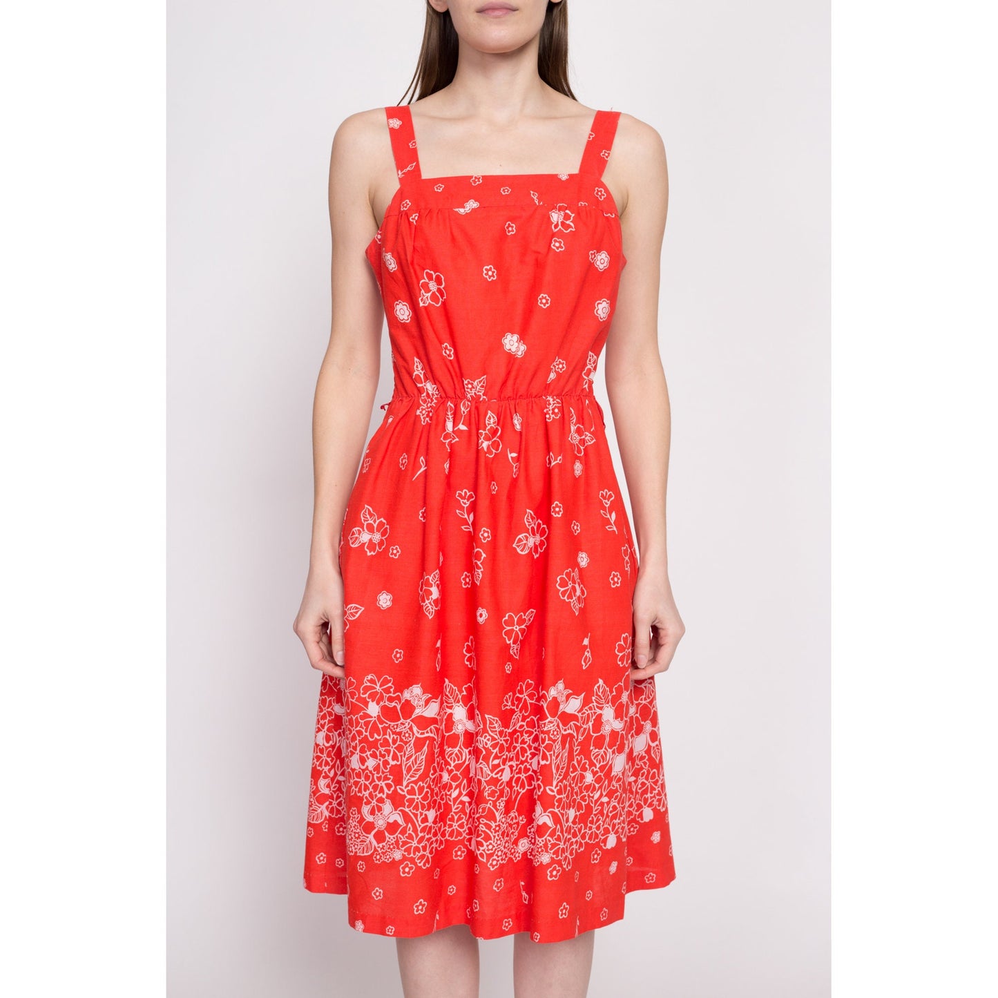 70s Red Orange Floral Fit & Flare Sundress - Medium | Vintage Boho Shirred Bodice Summer Pocket Midi Dress