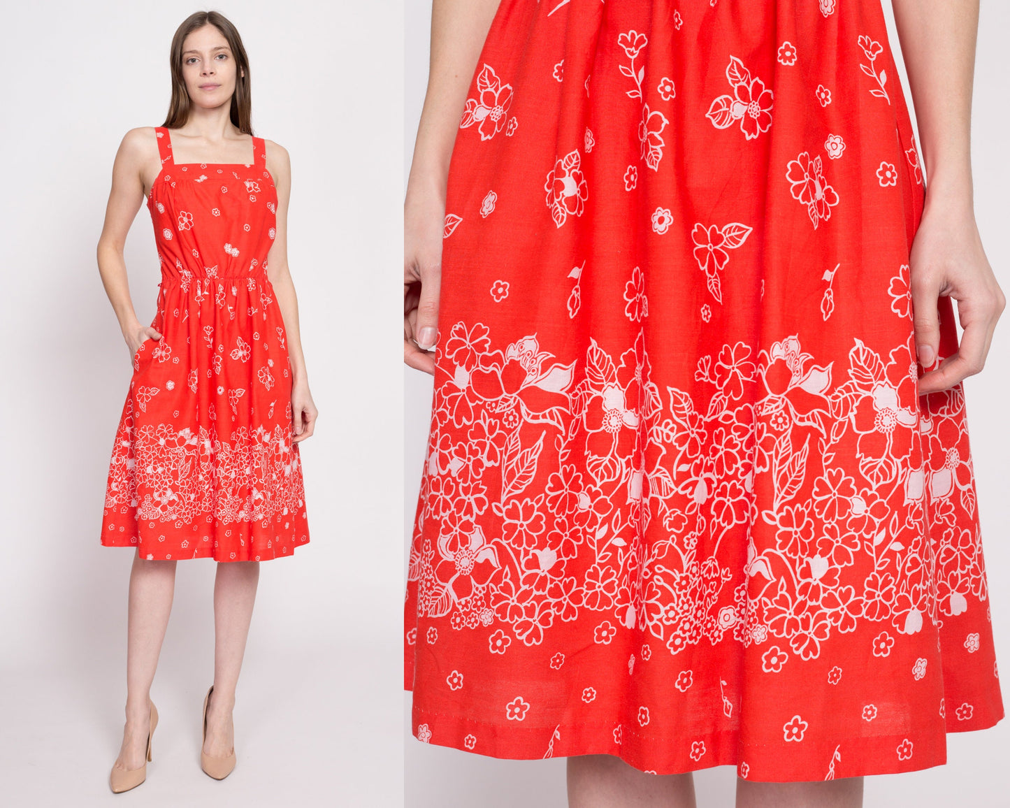70s Red Orange Floral Fit & Flare Sundress - Medium | Vintage Boho Shirred Bodice Summer Pocket Midi Dress