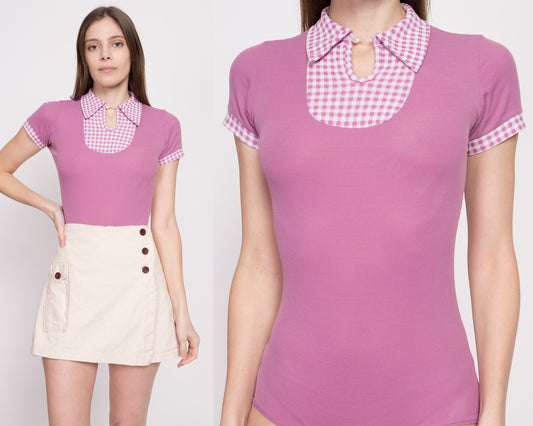 60s 70s Purple Gingham Bodysuit Top - Small | Vintage Ribbed Short Sleeve Collared Shirt