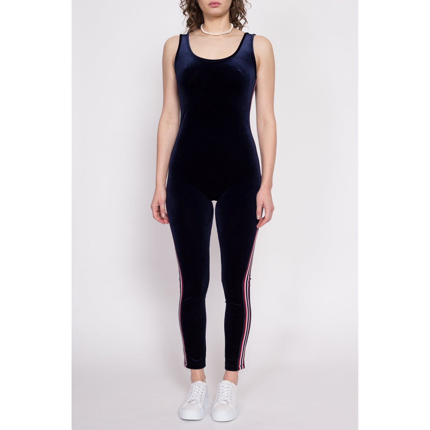 90s Low Back Navy Blue Velvet Unitard Catsuit - Small to Medium | Vintage Striped Sleeveless Sporty Fitted Jumpsuit