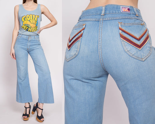 70s Striped Trim Bell Bottom Disco Jeans - Small to Petite Medium | Vintage Light Wash Denim Retro Mid Rise Flares