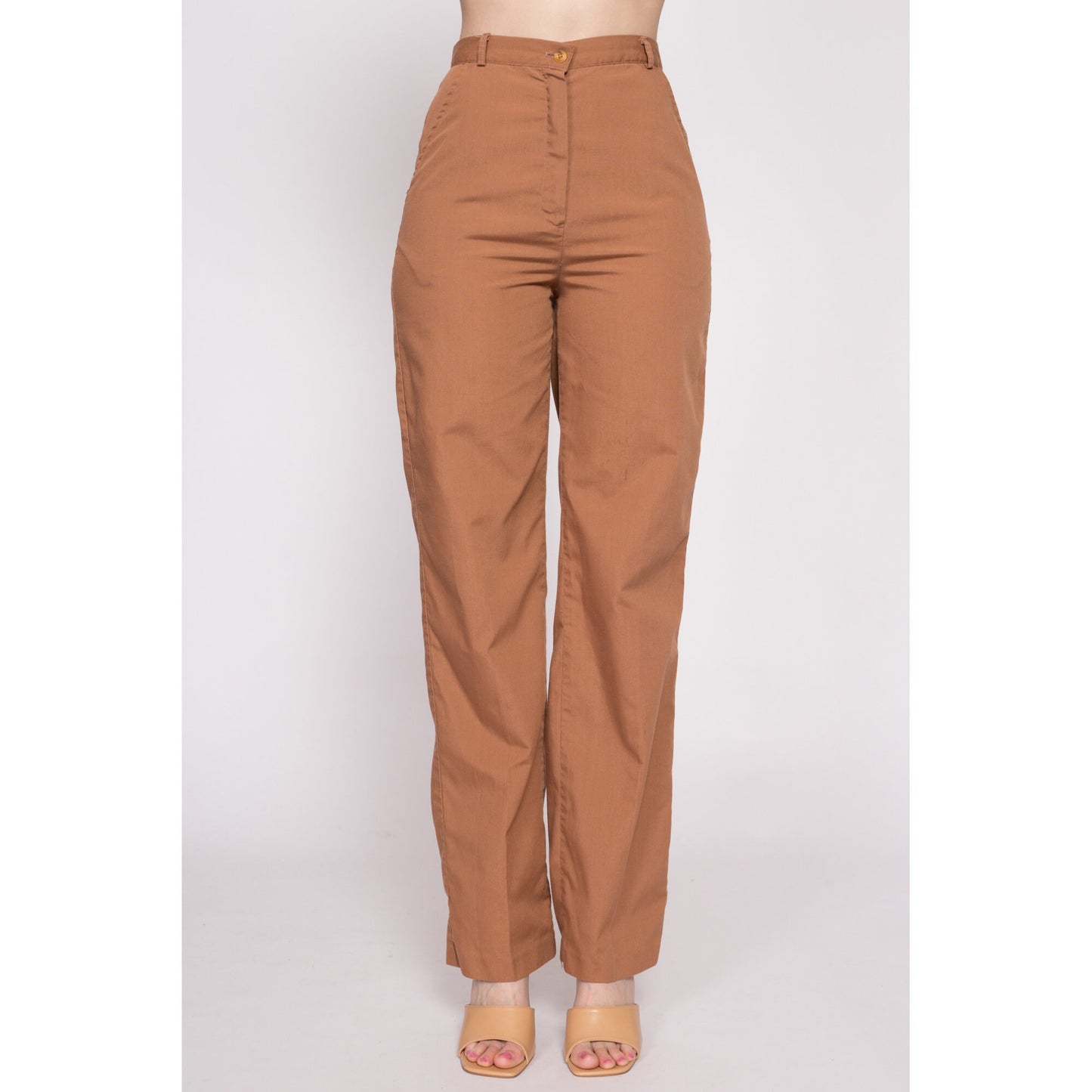 70s Cinnamon Brown High Waisted Pants - Small, 26" | Vintage Straight Leg Retro Plain Trousers