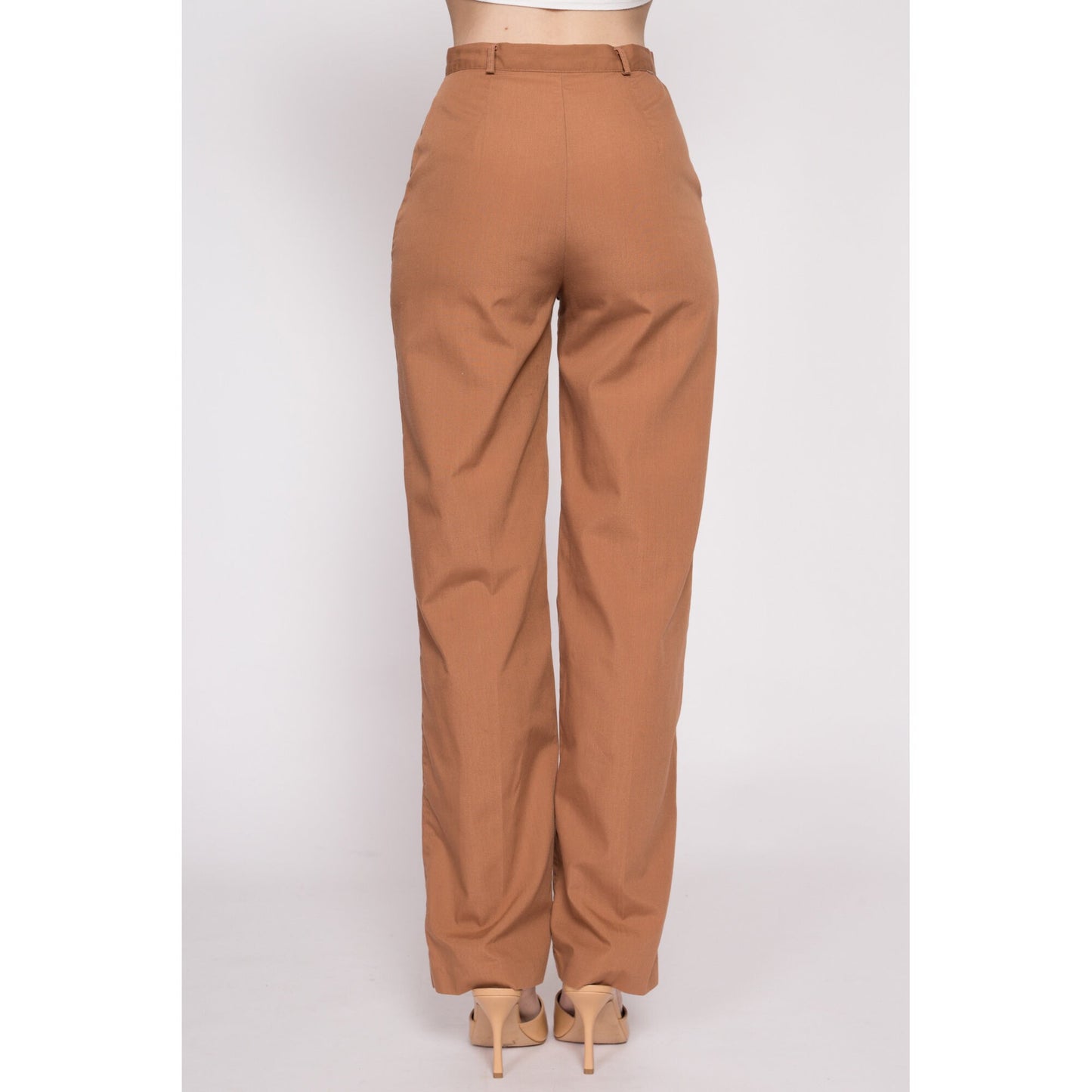 70s Cinnamon Brown High Waisted Pants - Small, 26" | Vintage Straight Leg Retro Plain Trousers
