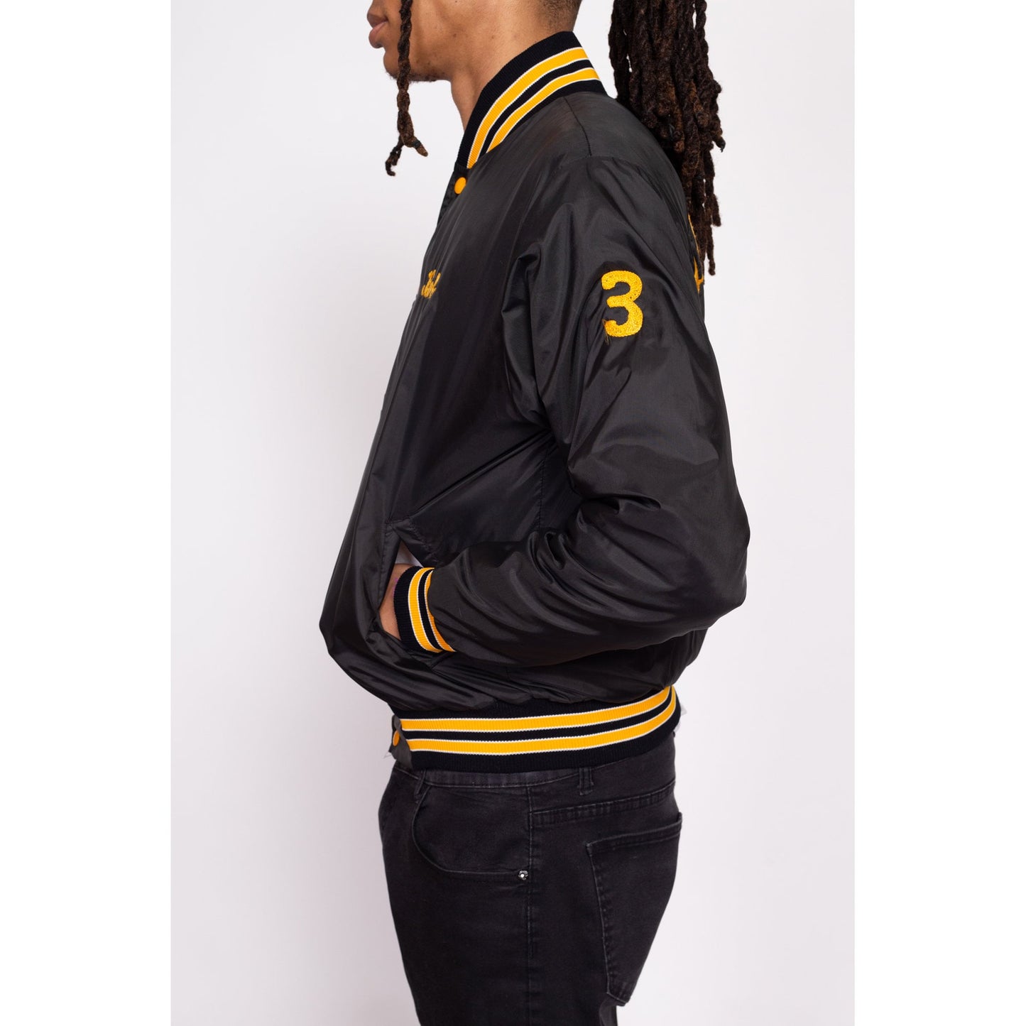 80s Baseball League Chainstitch Varsity Jacket - Men's Small | Vintage Striped Trim Embroidered Snap Button Team Bomber